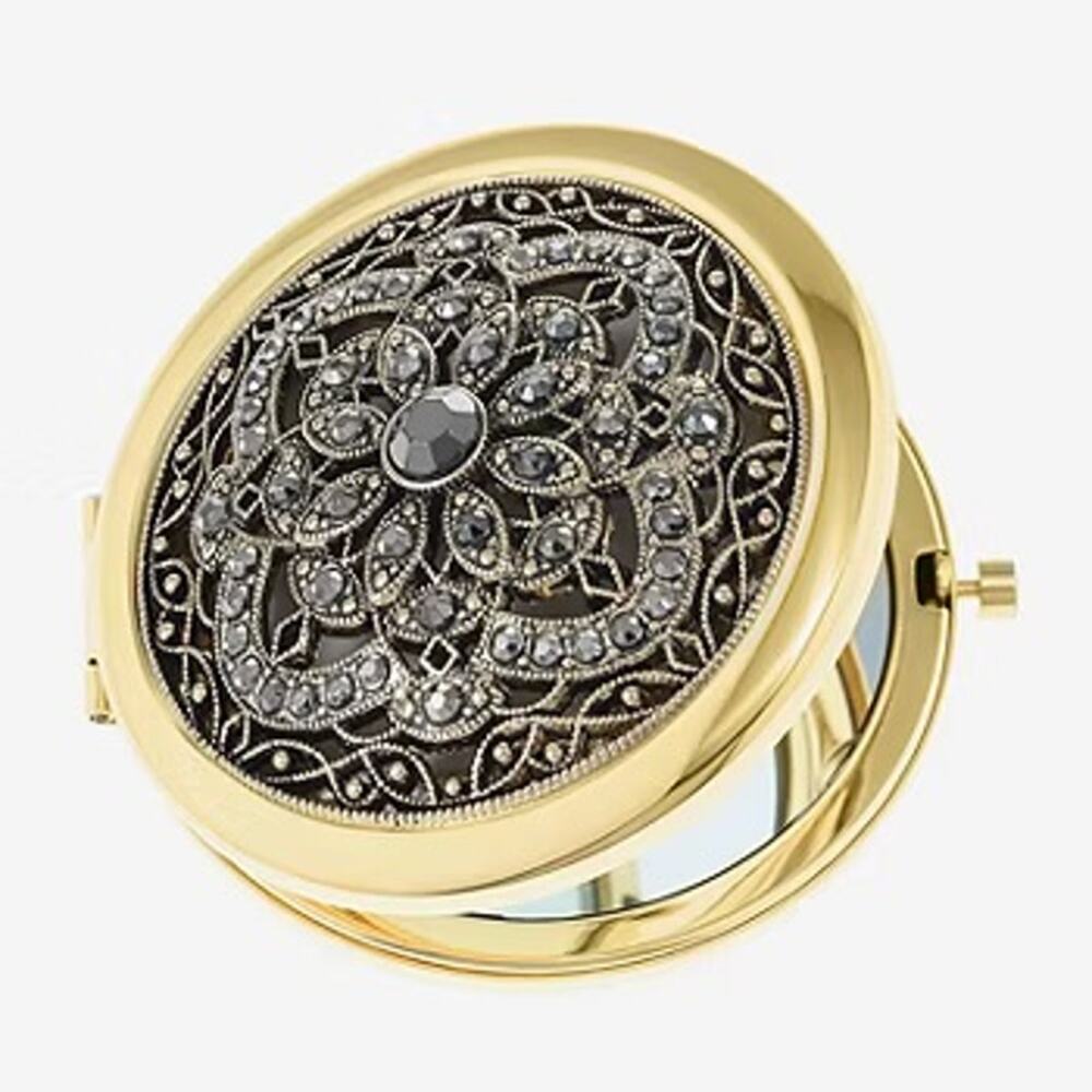 MONET Compact Mirror Gold Tone Rhinestone Filigree New in Box - Picture 3 of 5